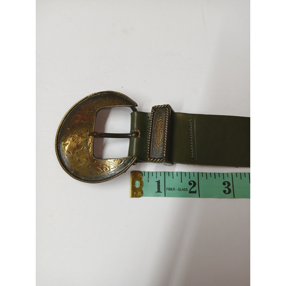 Ginnie Johansen Dallas Vintage Olive Green Leather Western Belt Brass Concho 37 - Picture 4 of 5